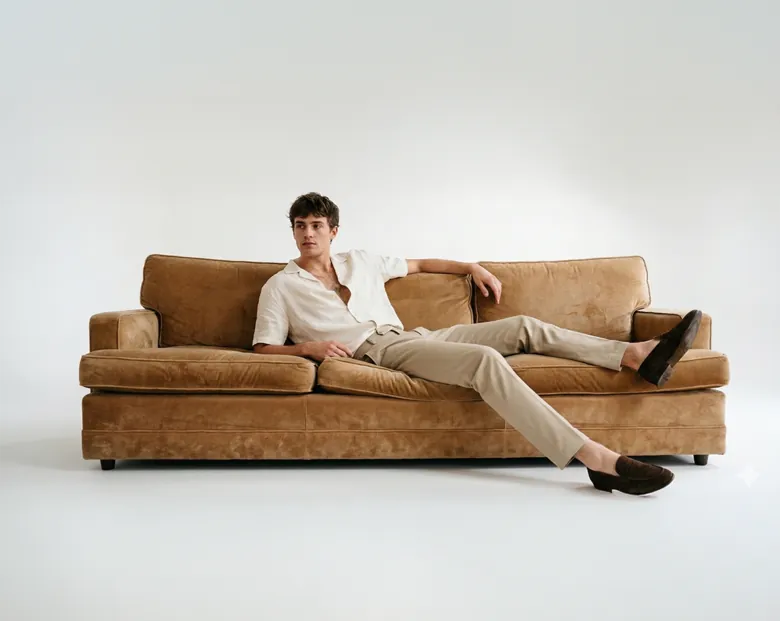 A model reclining on a tan velvet sofa in a bright studio set.